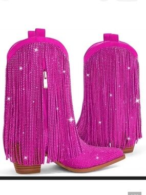 Ouepiano Fuchsia Pink Fringe Cowboy Boots